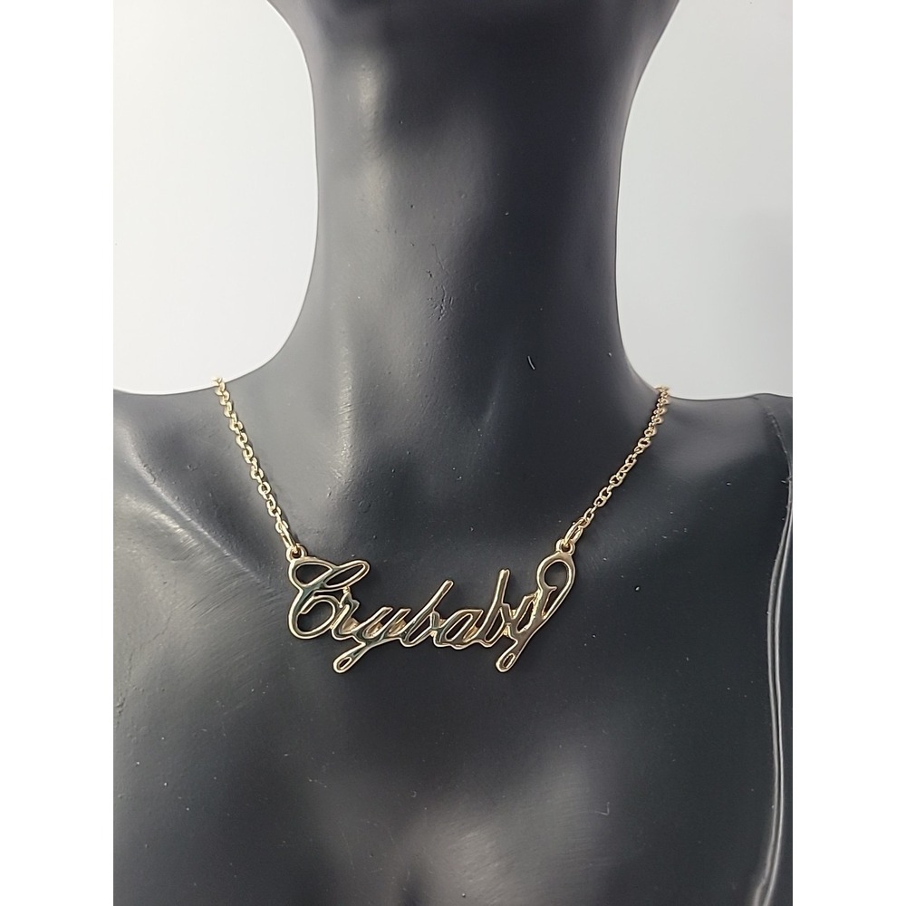 Vintage Crybaby Script Nameplate Necklace Gold Tone Cursive Letter Word Pendant